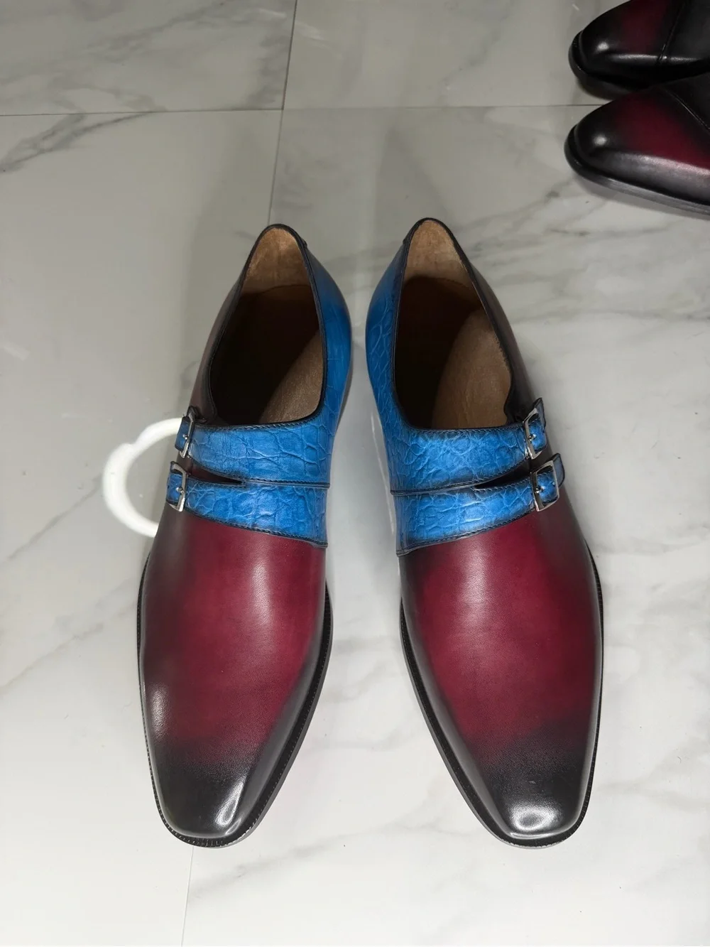 Men's Double Monk Strap Oxfords in Burgundy and Blue